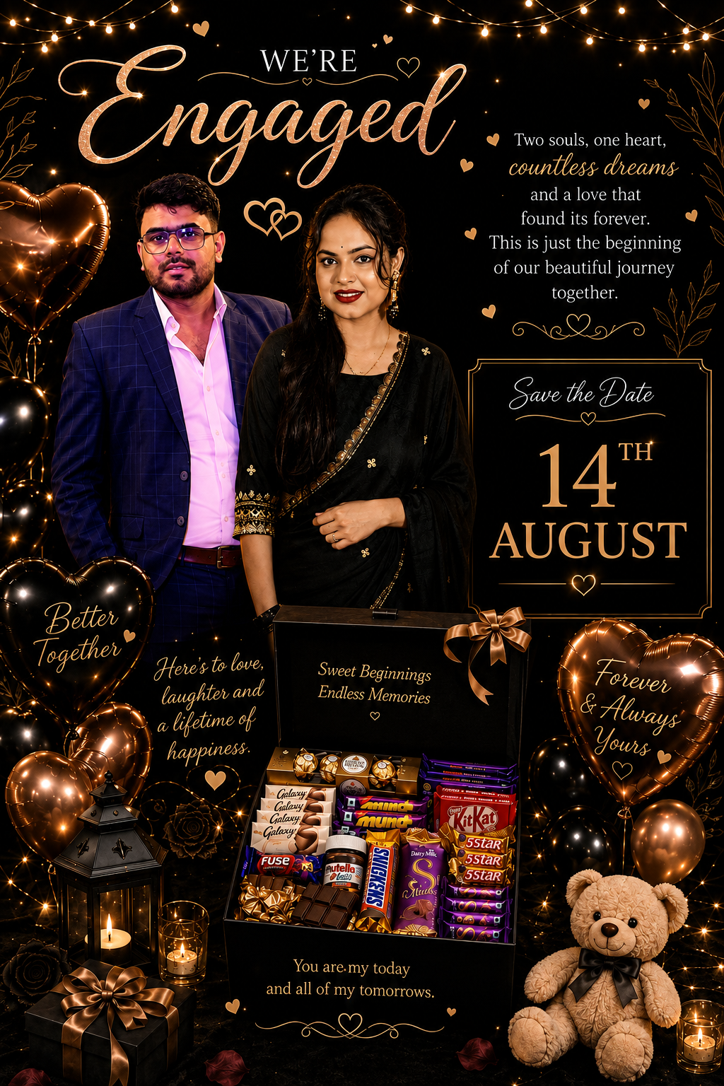 Personalised chocolate hamper example — engagement announcement
