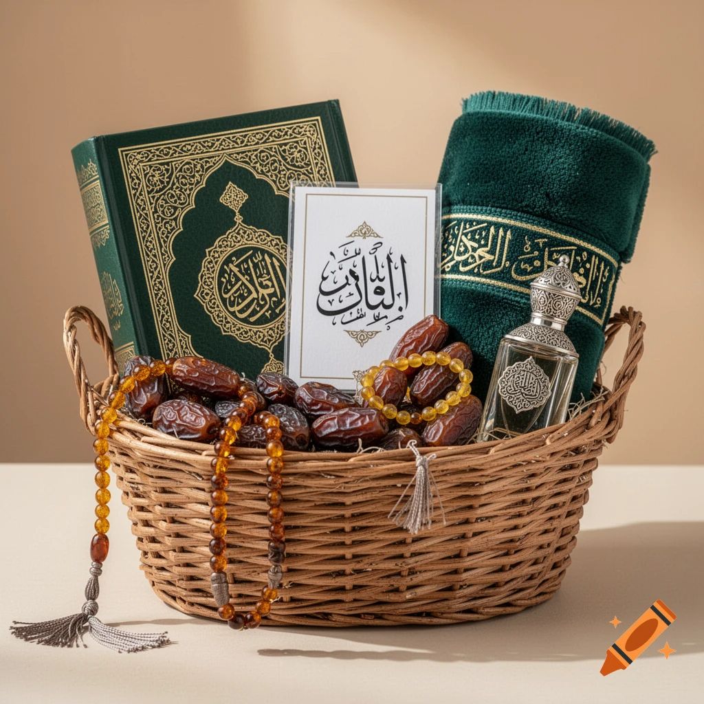 Elegant Islamic Gift Basket with Quran and Prayer Beads