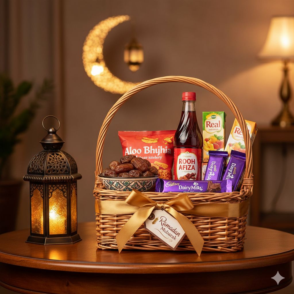 Festive Gift Basket with Snacks and Beverages