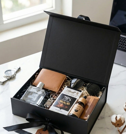Deluxe Gift Hamper for Him - Cologne, Leather Wallet, and Artisanal Chocolate