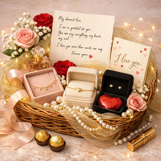 Romantic Jewelry Gift Basket - Necklace, Earrings, Chocolate & Roses