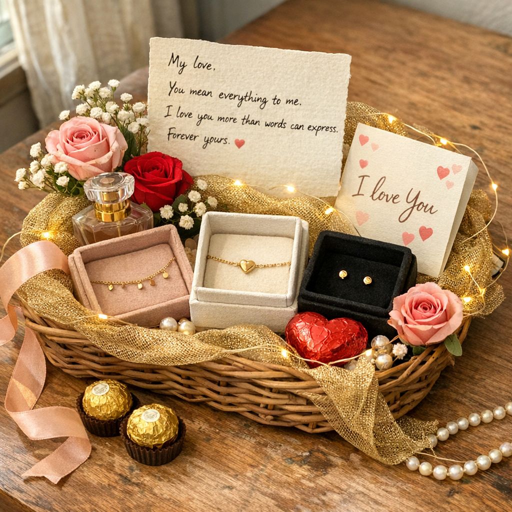 Romantic Jewelry Gift Basket - Necklace, Earrings, Chocolate & Roses