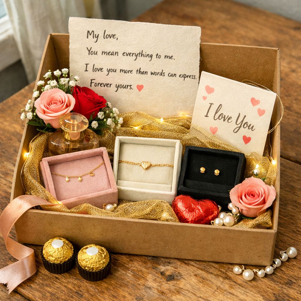 Romantic Jewelry Gift Basket - Necklace, Earrings, Chocolate & Roses