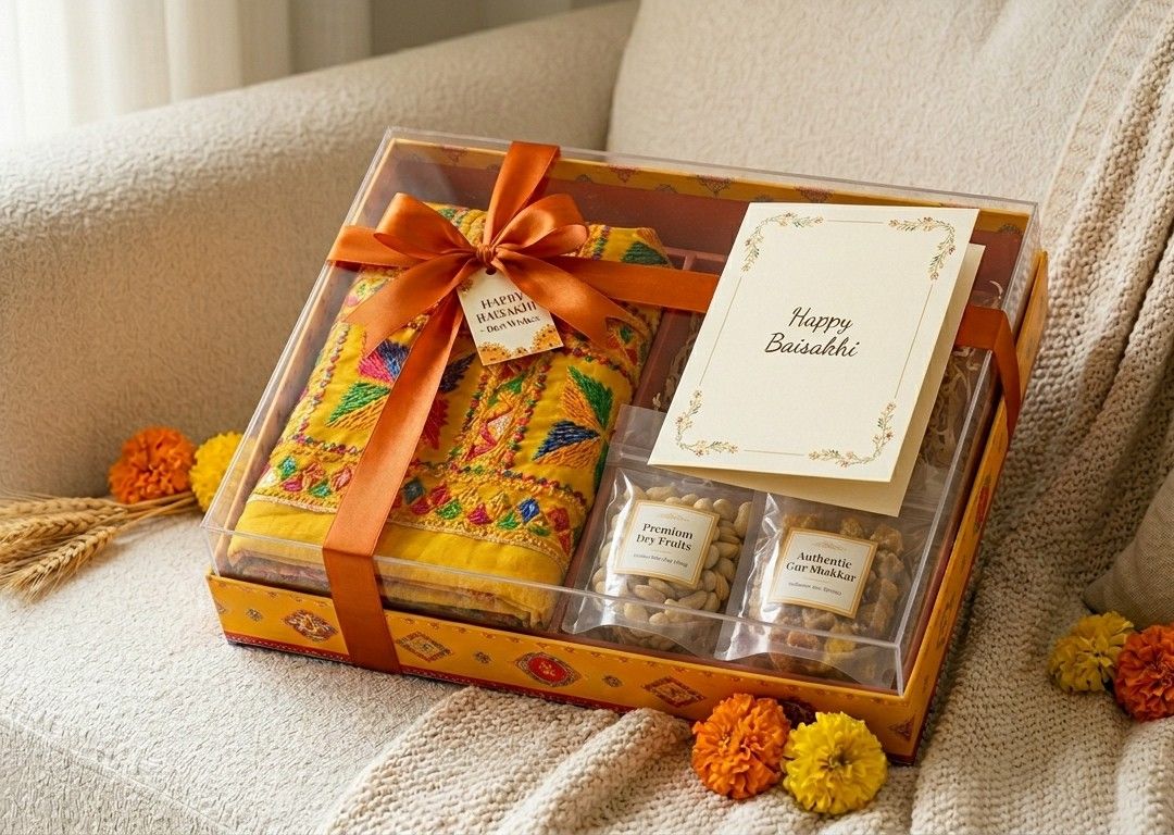 Festive Gift Box with Embroidered Textile and Treats