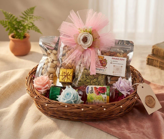 Gourmet Nut & Snack Gift Basket with Floral Accents