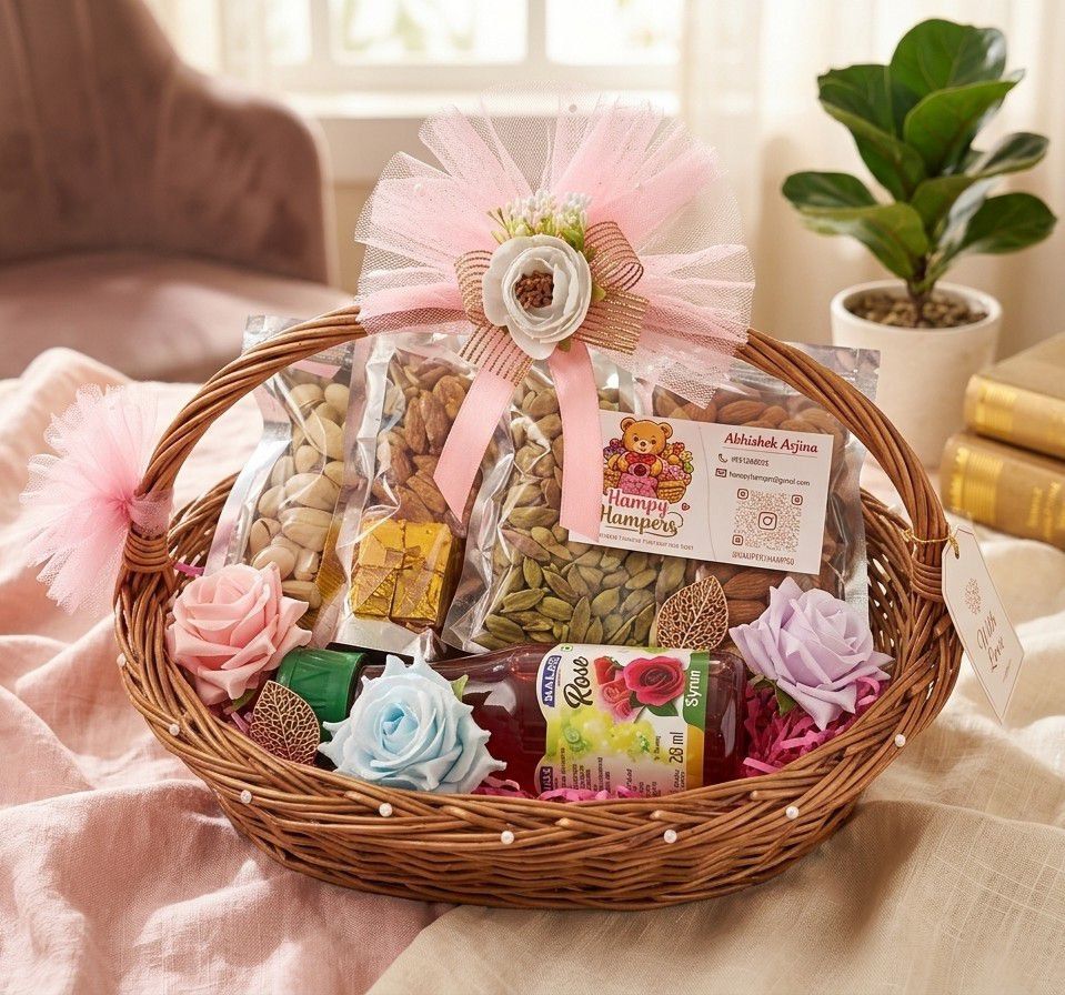 Gourmet Nut & Snack Gift Basket with Floral Accents