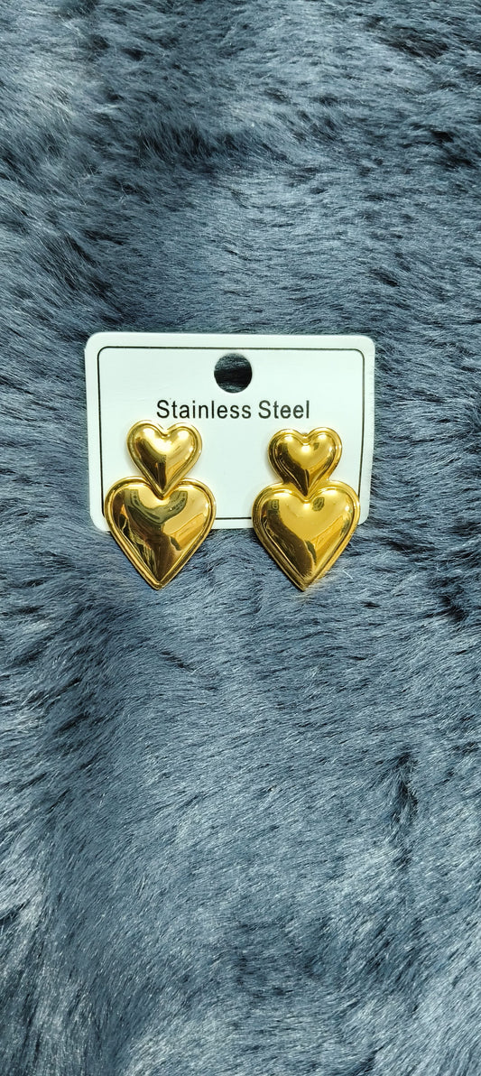 Gold Stainless Steel Double Heart Earrings