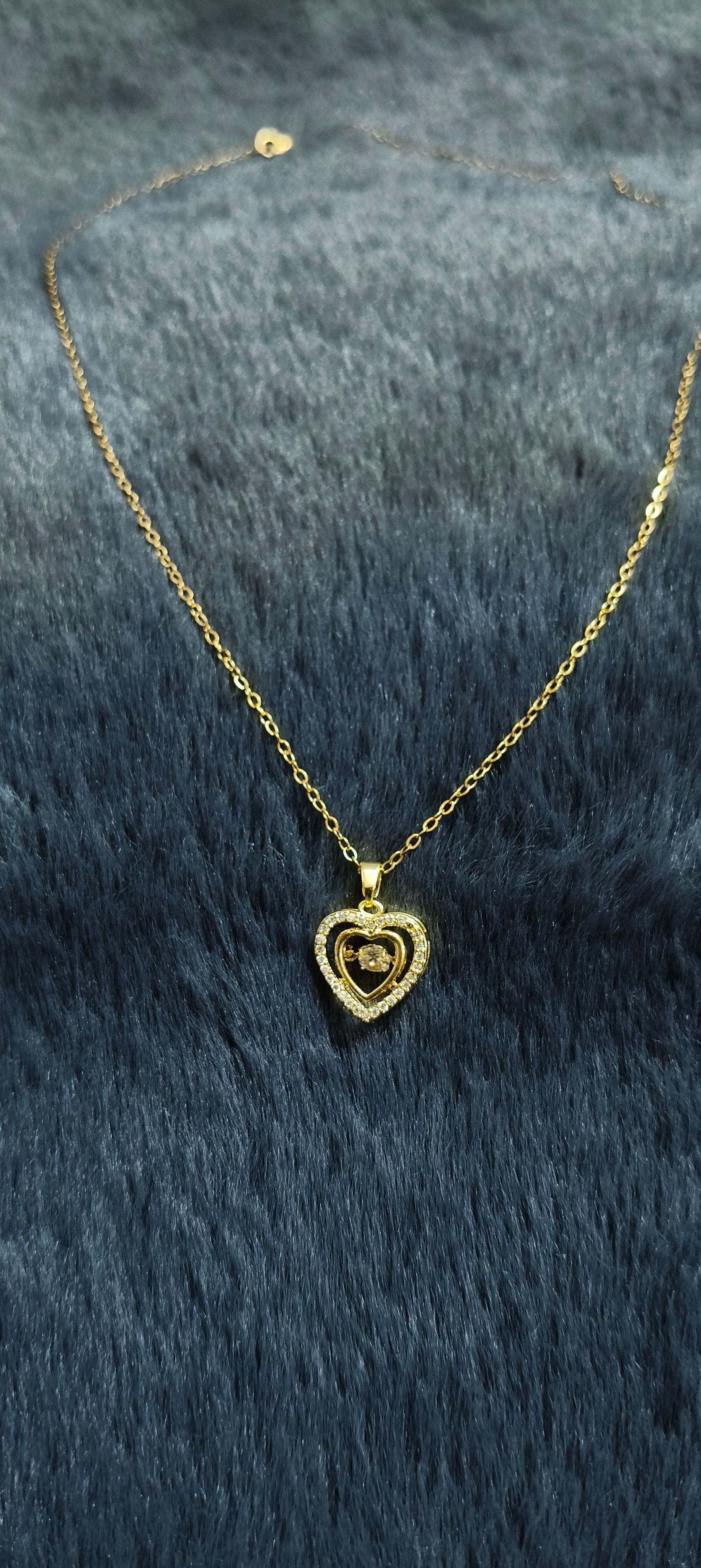 Gold Heart Pendant Necklace with Rhinestone Accent