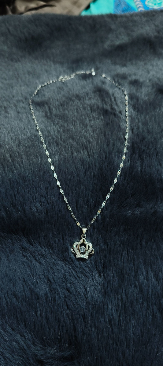 Silver Crown Pendant Necklace with Rhinestone