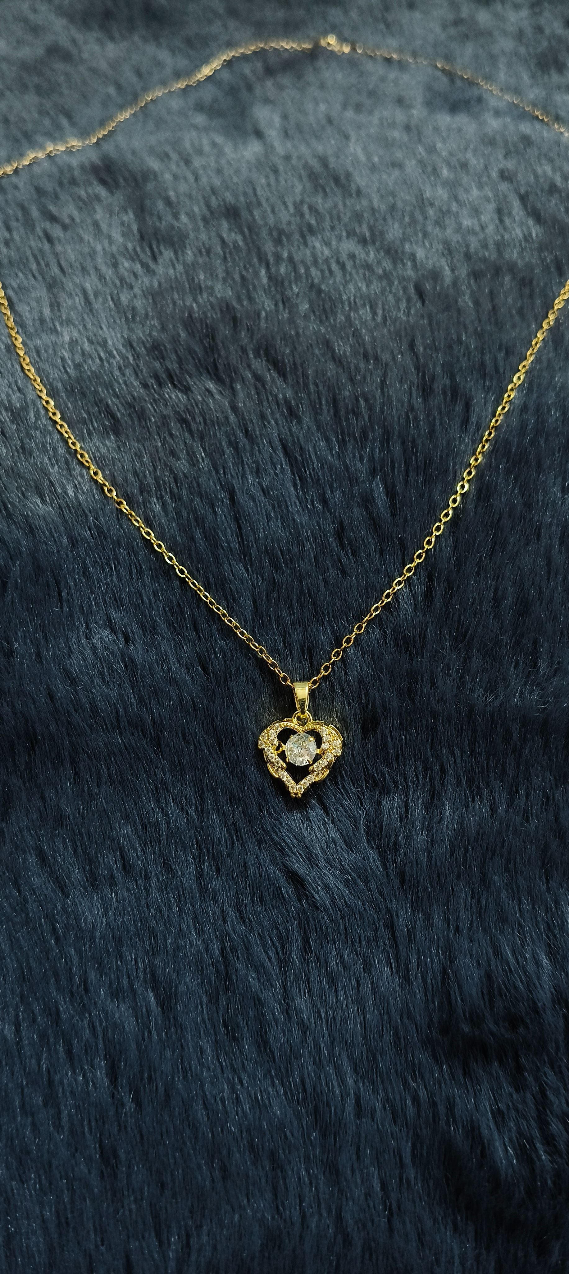 Gold Heart Pendant Necklace with Rhinestone Accent